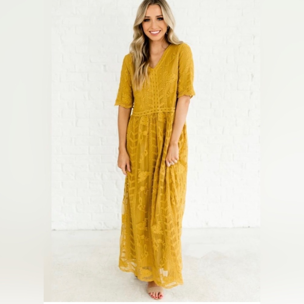 Hidden alley mustard lace maxi lined embroidered dress